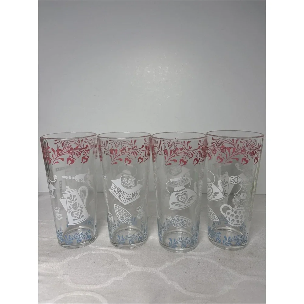Vintage Hazel Atlas Kitchen Aids 16oz Glass Tumbler - Set of 4 Pink White Blue